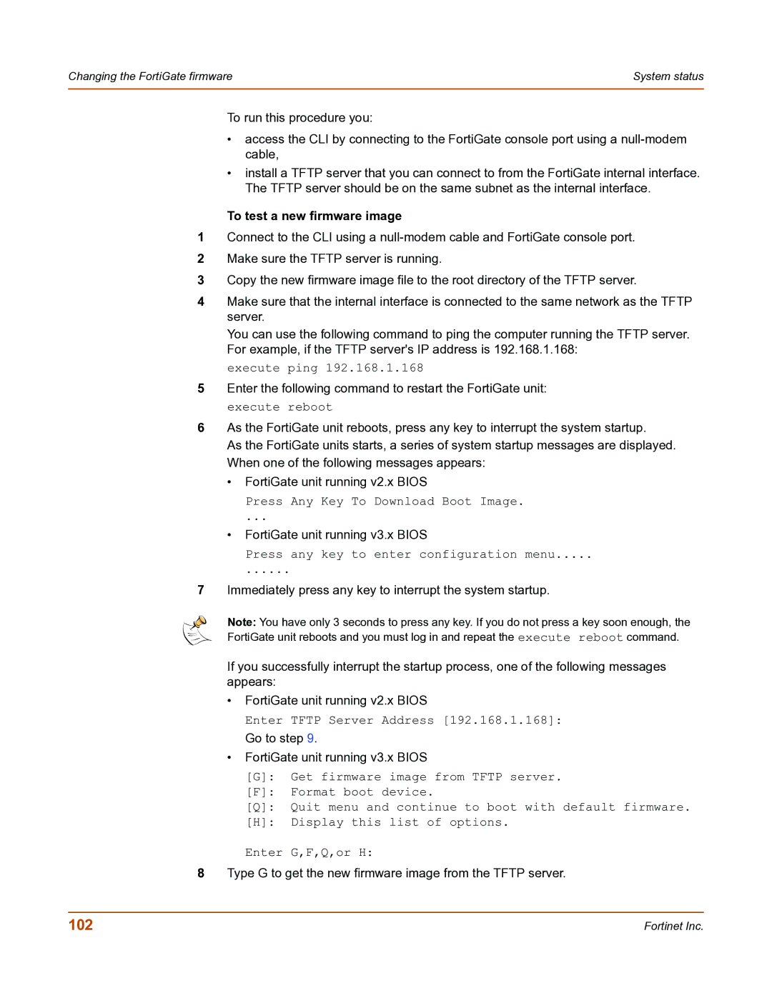 Fortinet FortiGate-800 manual 102, To test a new firmware image 