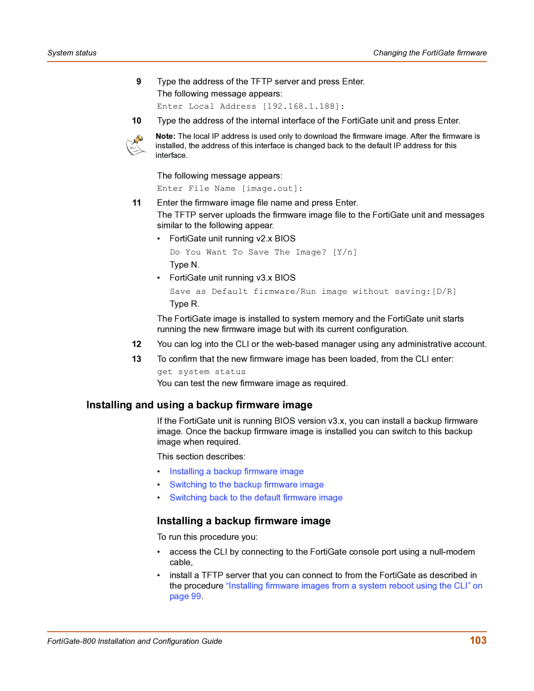 Fortinet FortiGate-800 manual Installing and using a backup firmware image, Installing a backup firmware image, 103 