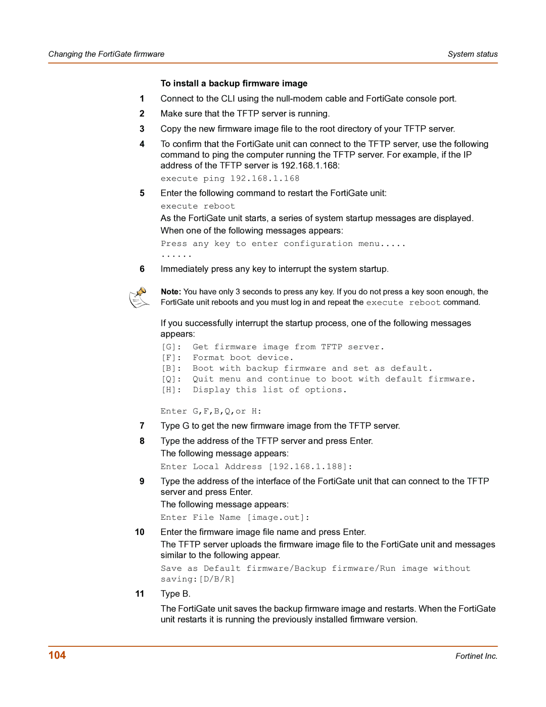 Fortinet FortiGate-800 manual 104, To install a backup firmware image 