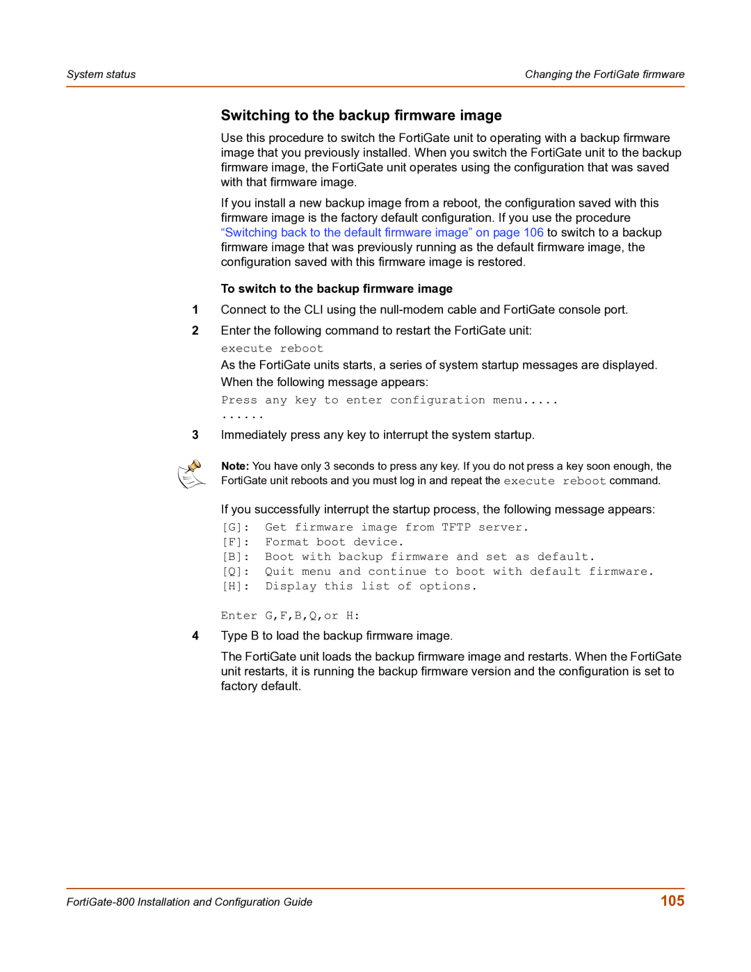 Fortinet FortiGate-800 manual Switching to the backup firmware image, 105, To switch to the backup firmware image 