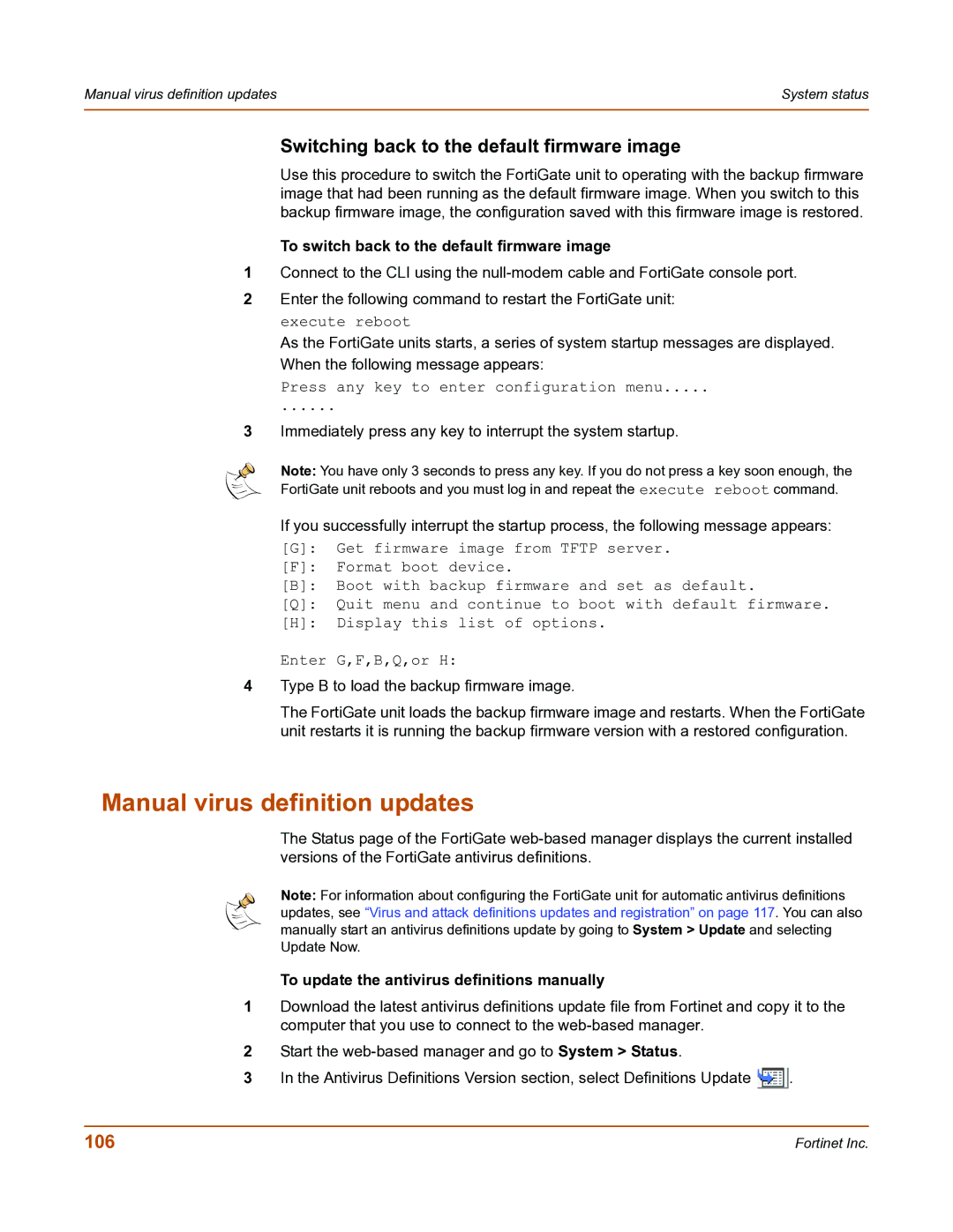 Fortinet FortiGate-800 manual Manual virus definition updates, Switching back to the default firmware image, 106 