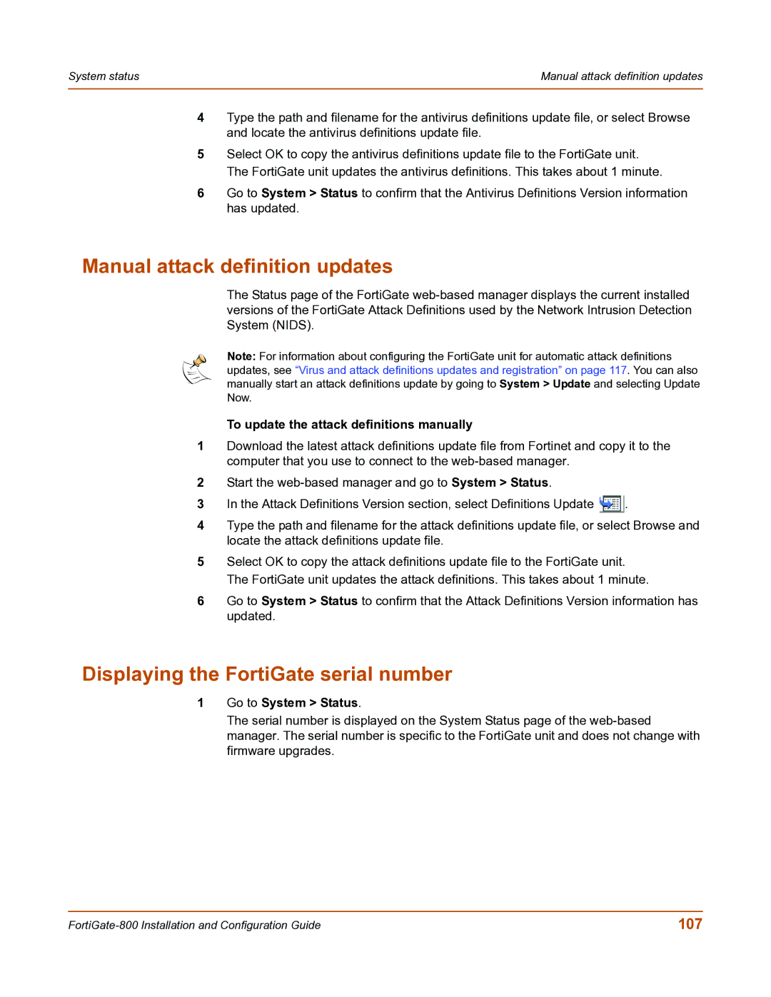 Fortinet FortiGate-800 manual Manual attack definition updates, Displaying the FortiGate serial number, 107 