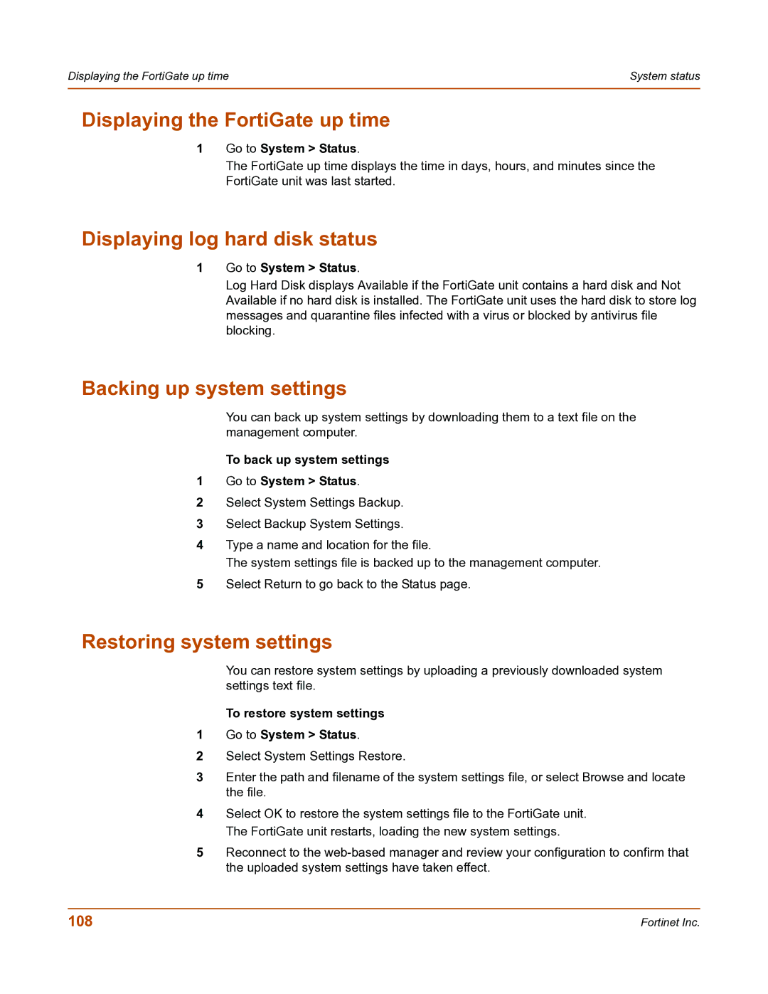 Fortinet FortiGate-800 Displaying the FortiGate up time, Displaying log hard disk status, Backing up system settings, 108 