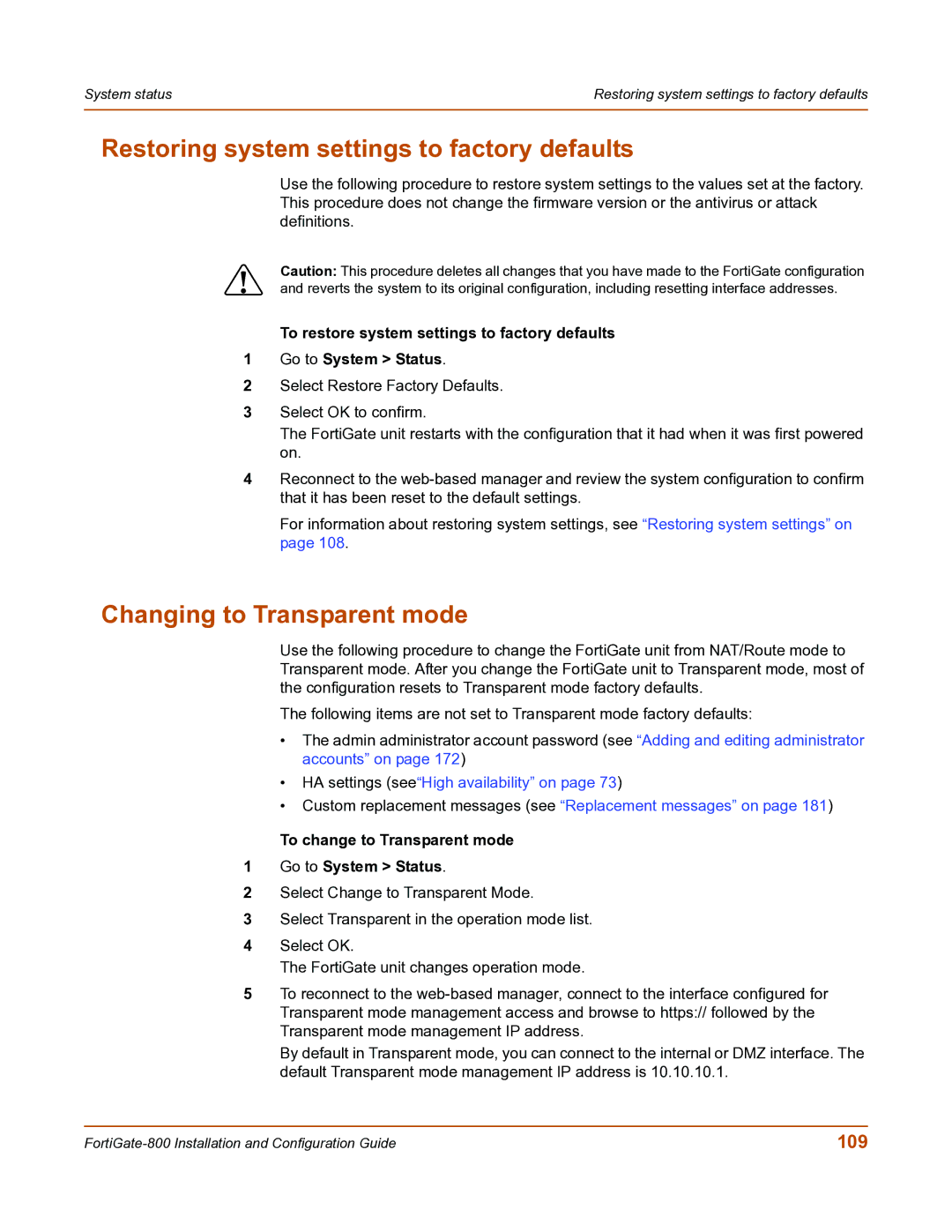 Fortinet FortiGate-800 manual Restoring system settings to factory defaults, Changing to Transparent mode, 109 