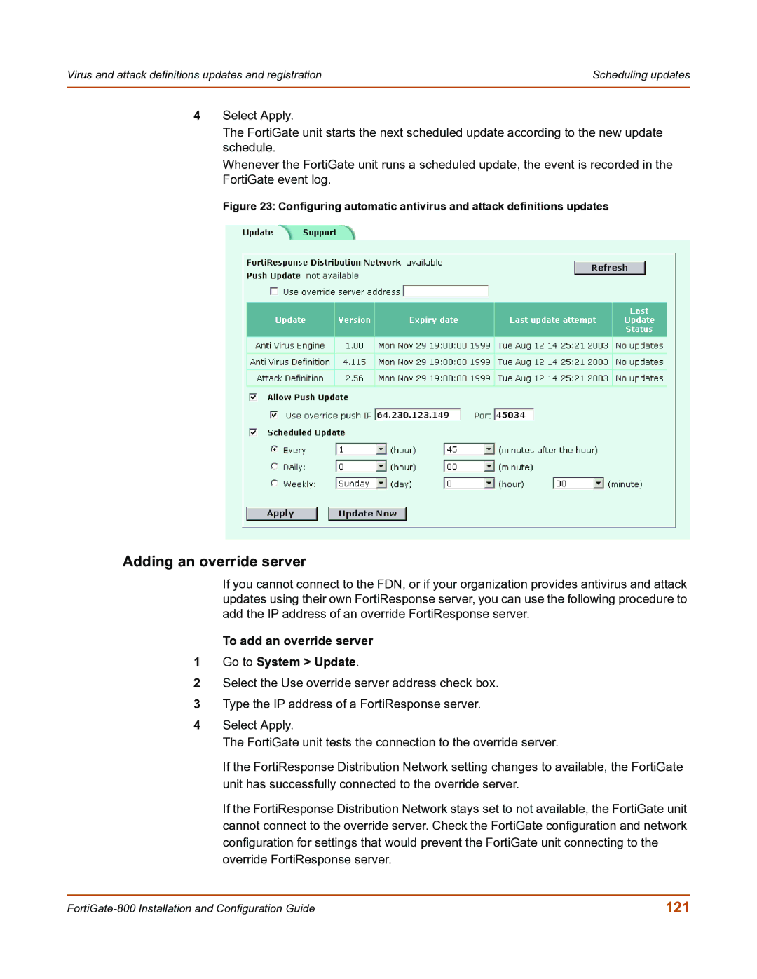 Fortinet FortiGate-800 manual Adding an override server, 121, To add an override server Go to System Update 