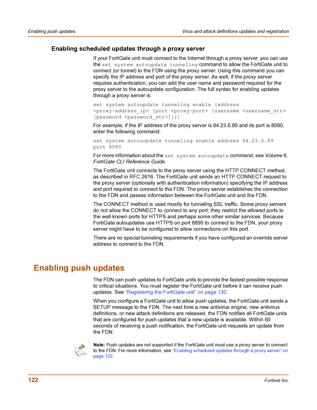 Fortinet FortiGate-800 manual Enabling push updates, Enabling scheduled updates through a proxy server, 122 