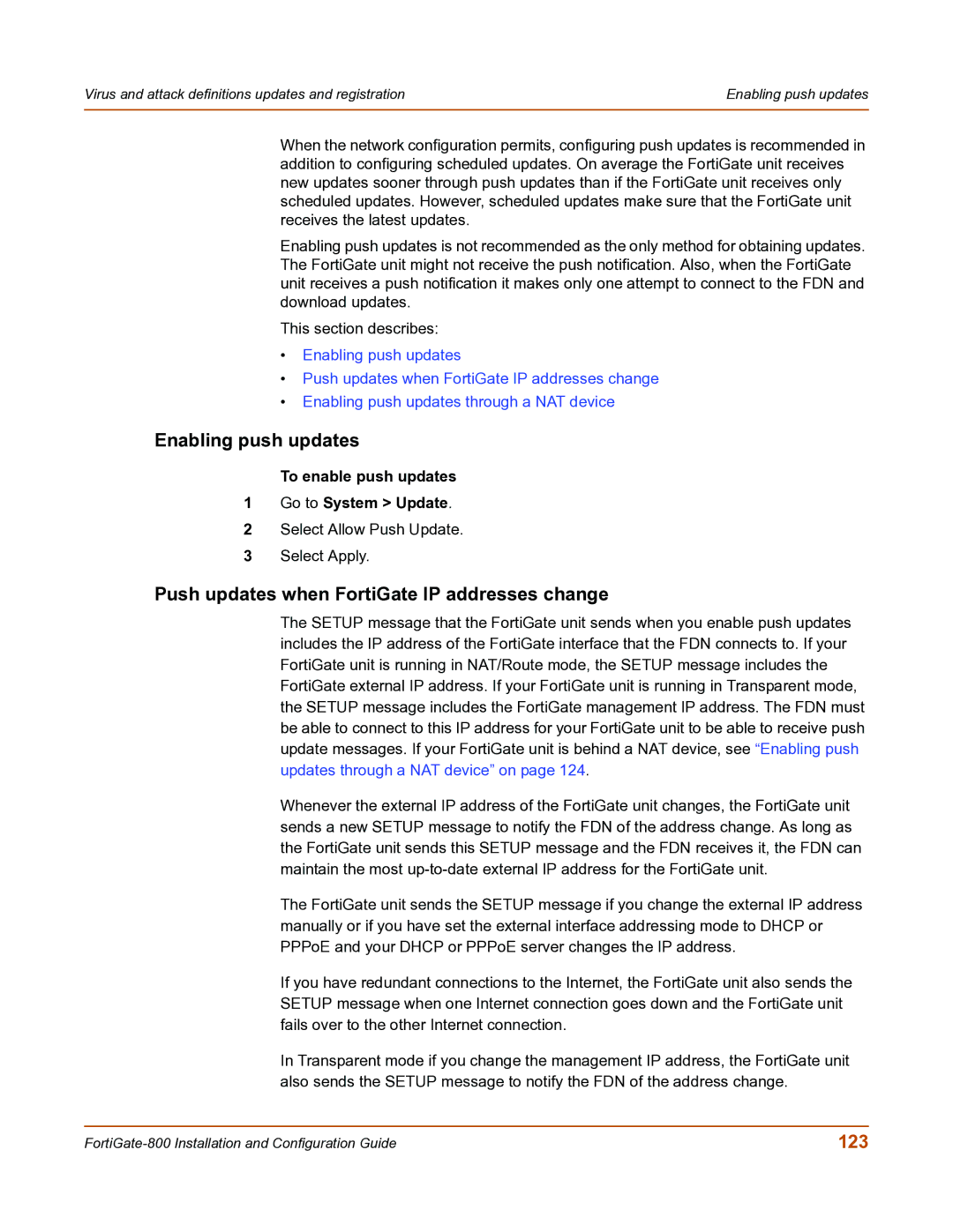 Fortinet FortiGate-800 manual Enabling push updates, Push updates when FortiGate IP addresses change, 123 