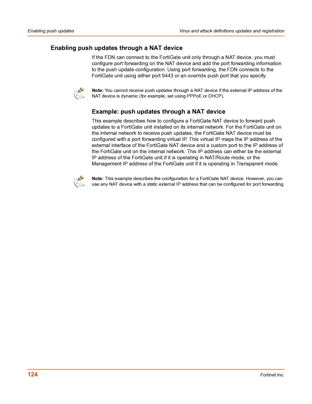 Fortinet FortiGate-800 manual Enabling push updates through a NAT device, Example push updates through a NAT device, 124 