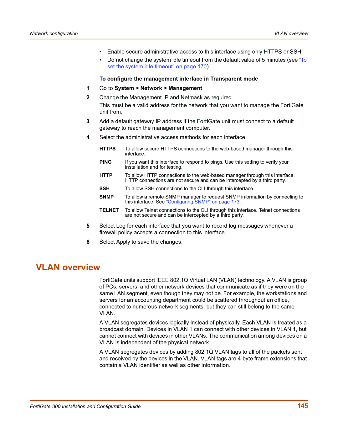 Fortinet FortiGate-800 manual Vlan overview, 145 