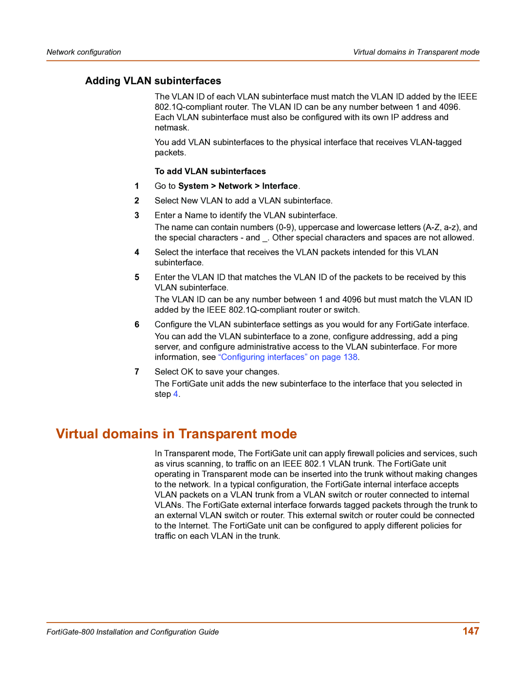 Fortinet FortiGate-800 manual Virtual domains in Transparent mode, Adding Vlan subinterfaces, 147 