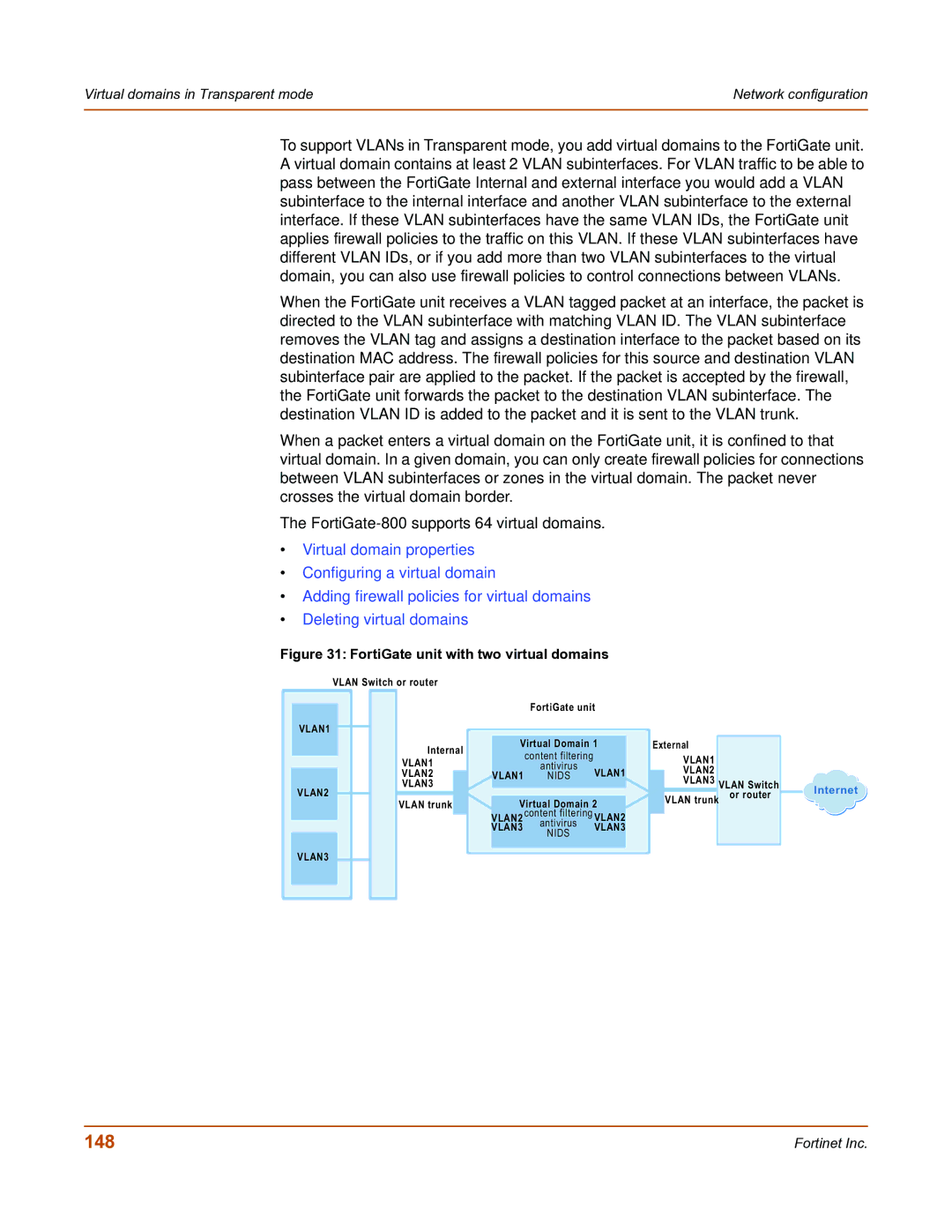 Fortinet FortiGate-800 manual 148, FortiGate unit with two virtual domains 