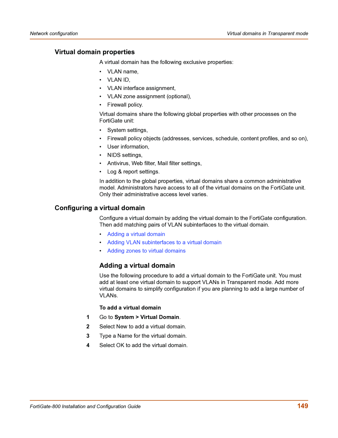 Fortinet FortiGate-800 manual Virtual domain properties, Configuring a virtual domain, Adding a virtual domain, 149 