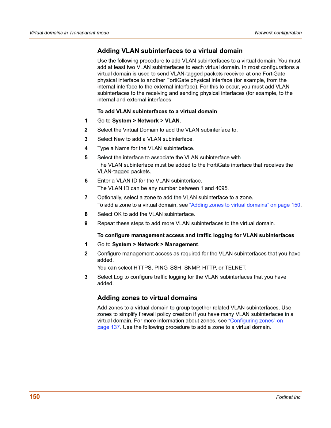 Fortinet FortiGate-800 manual Adding Vlan subinterfaces to a virtual domain, Adding zones to virtual domains, 150 