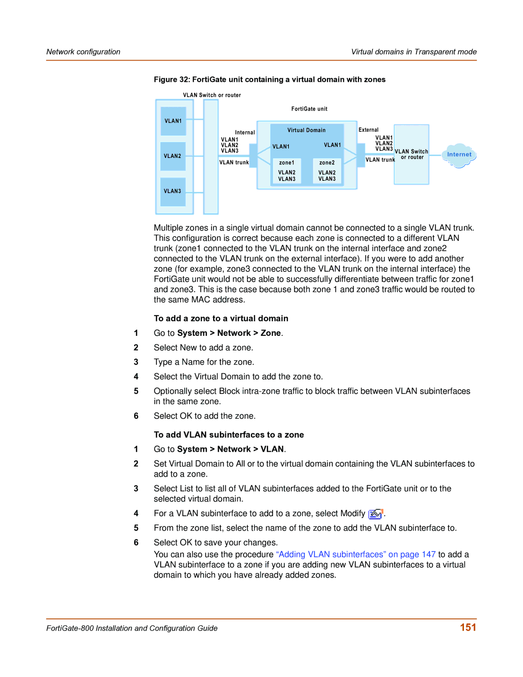 Fortinet FortiGate-800 manual 151, To add a zone to a virtual domain Go to System Network Zone 