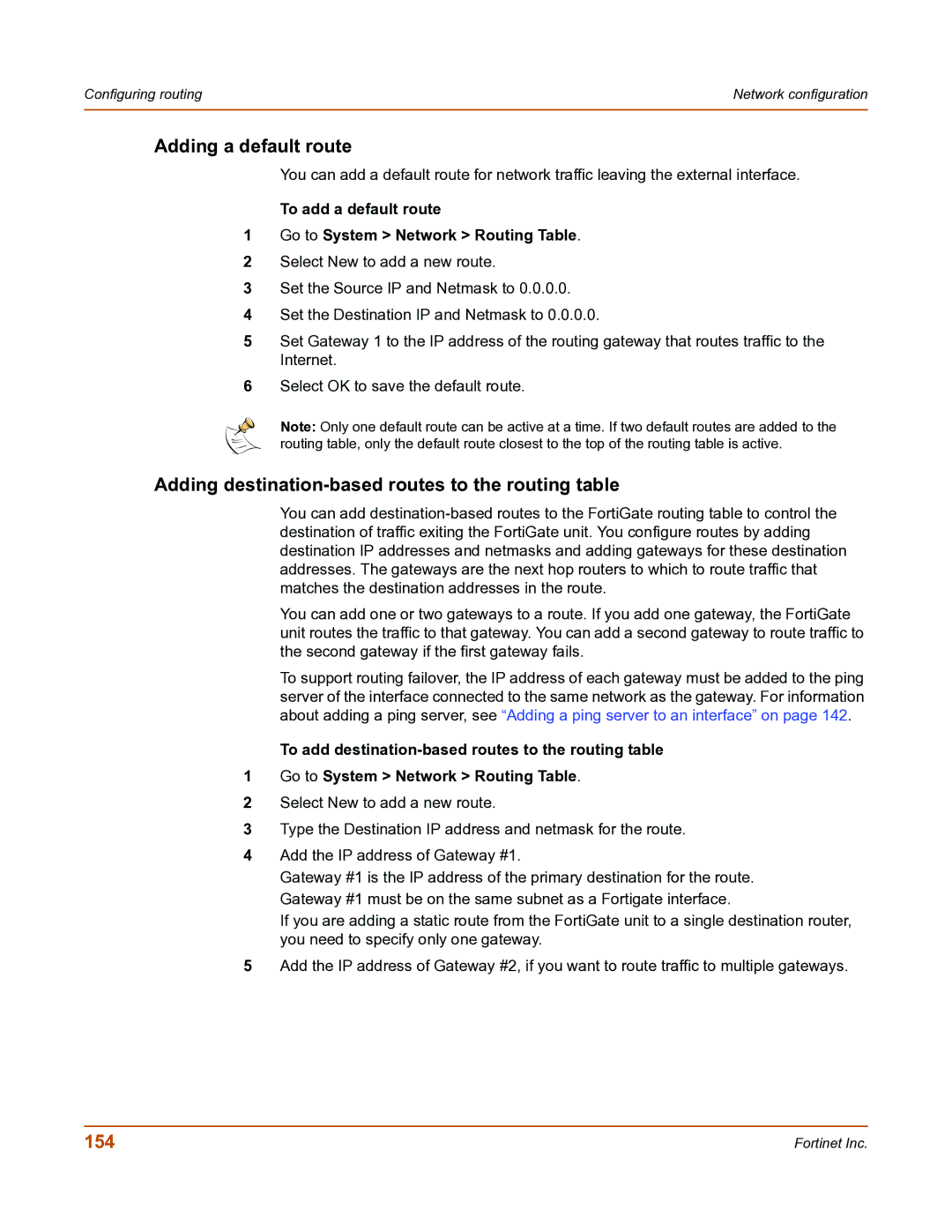 Fortinet FortiGate-800 manual Adding a default route, Adding destination-based routes to the routing table, 154 