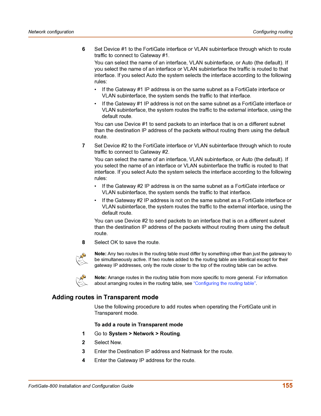 Fortinet FortiGate-800 manual Adding routes in Transparent mode, 155 