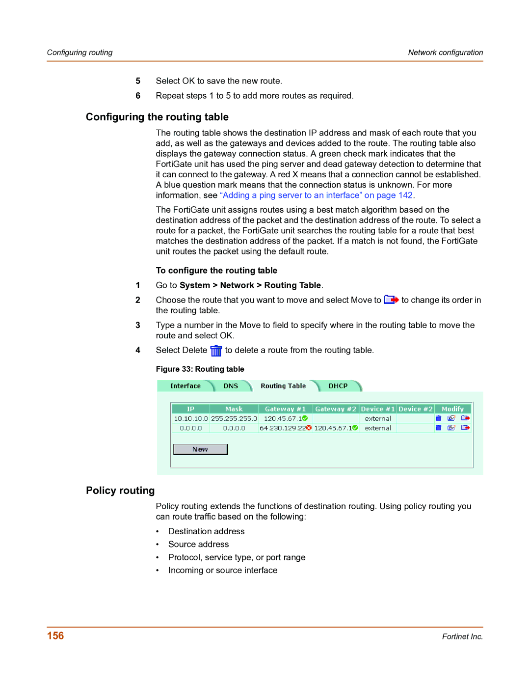 Fortinet FortiGate-800 manual Configuring the routing table, Policy routing, 156 