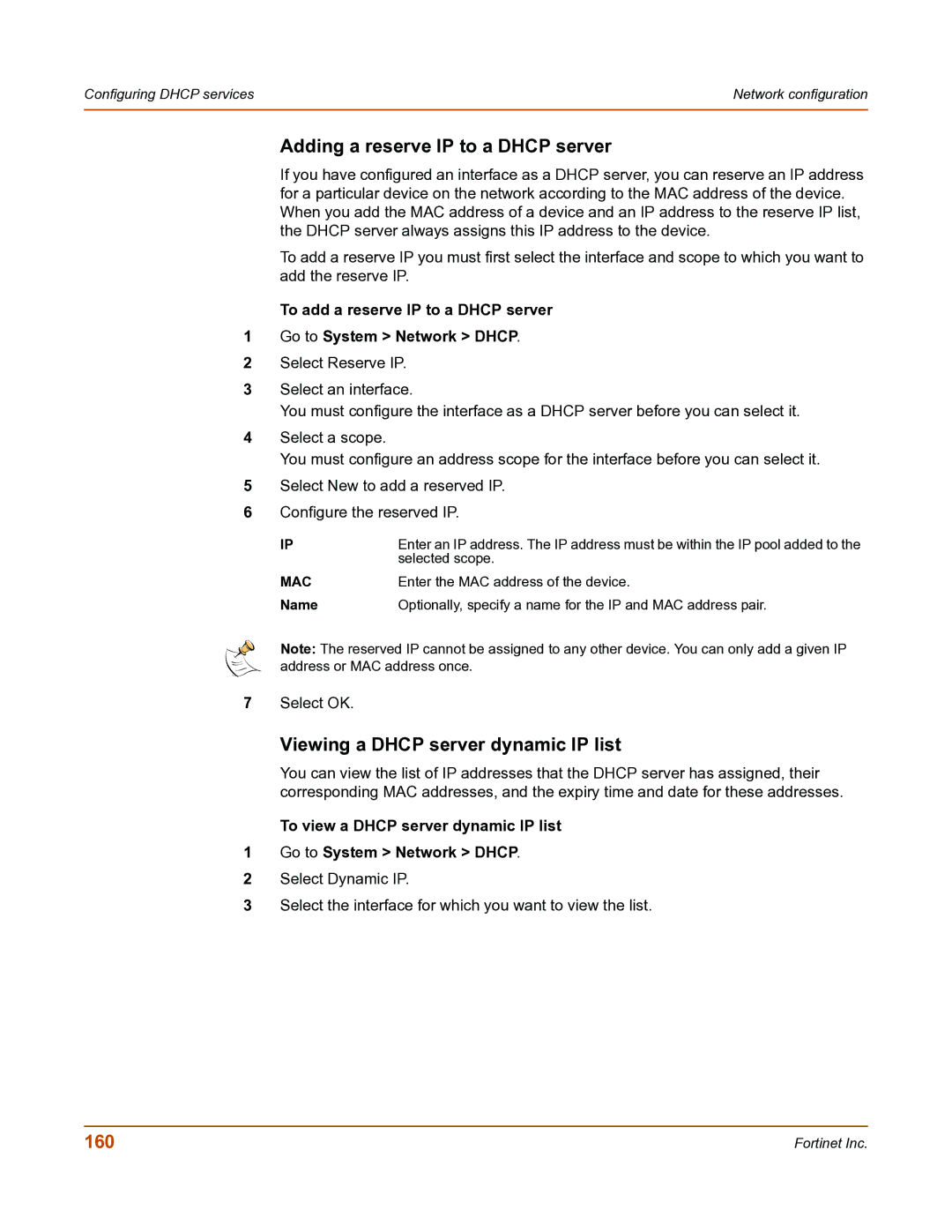 Fortinet FortiGate-800 Adding a reserve IP to a Dhcp server, Viewing a Dhcp server dynamic IP list, 160, Selected scope 