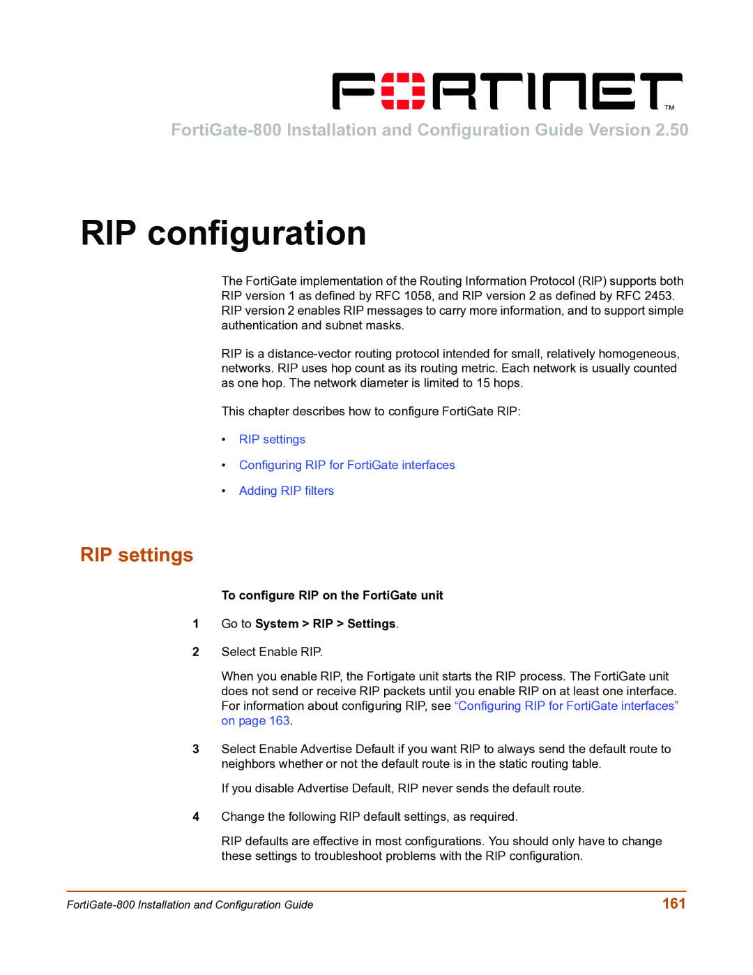 Fortinet FortiGate-800 manual RIP configuration, RIP settings, 161 