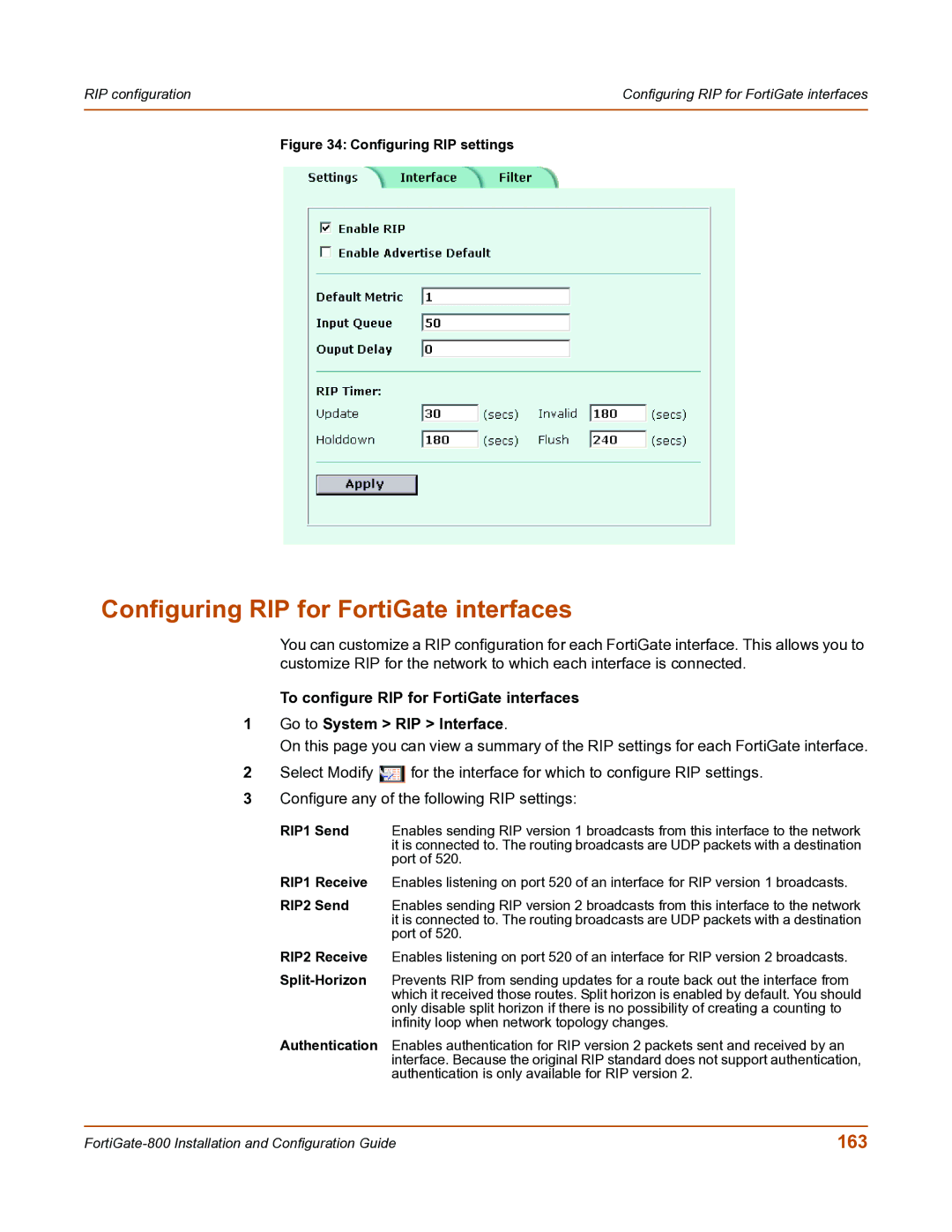 Fortinet FortiGate-800 manual Configuring RIP for FortiGate interfaces, 163 