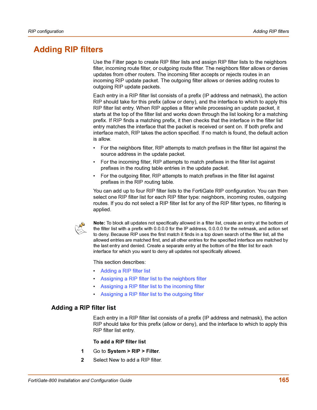 Fortinet FortiGate-800 Adding RIP filters, Adding a RIP filter list, 165, To add a RIP filter list Go to System RIP Filter 