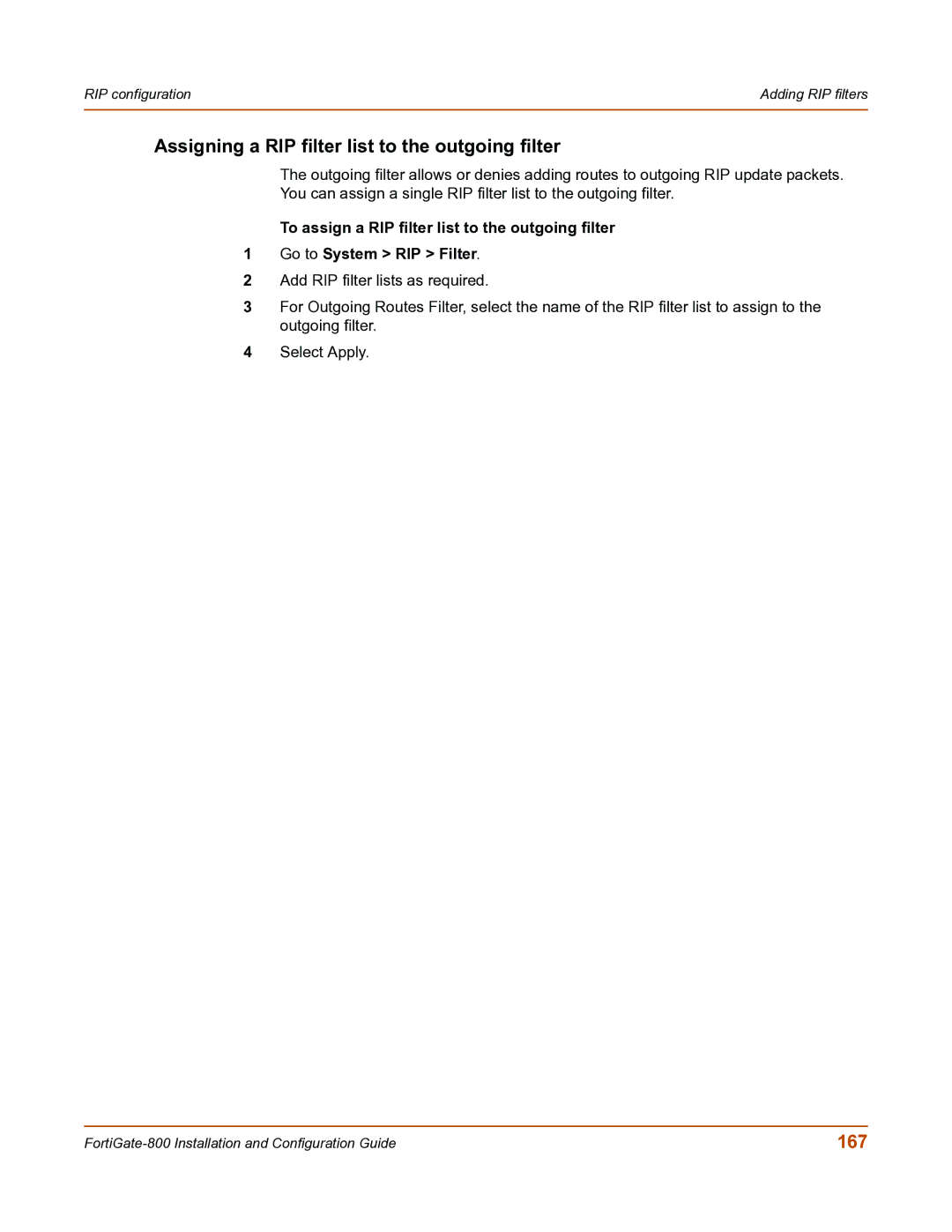 Fortinet FortiGate-800 manual Assigning a RIP filter list to the outgoing filter, 167 