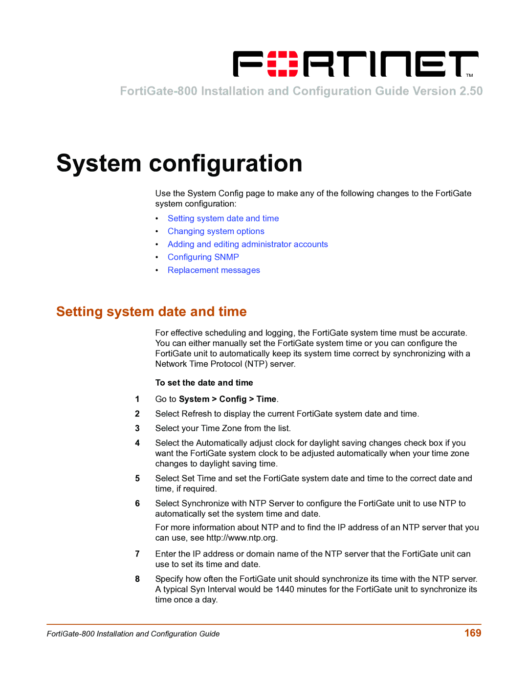 Fortinet FortiGate-800 manual System configuration, Setting system date and time, 169 