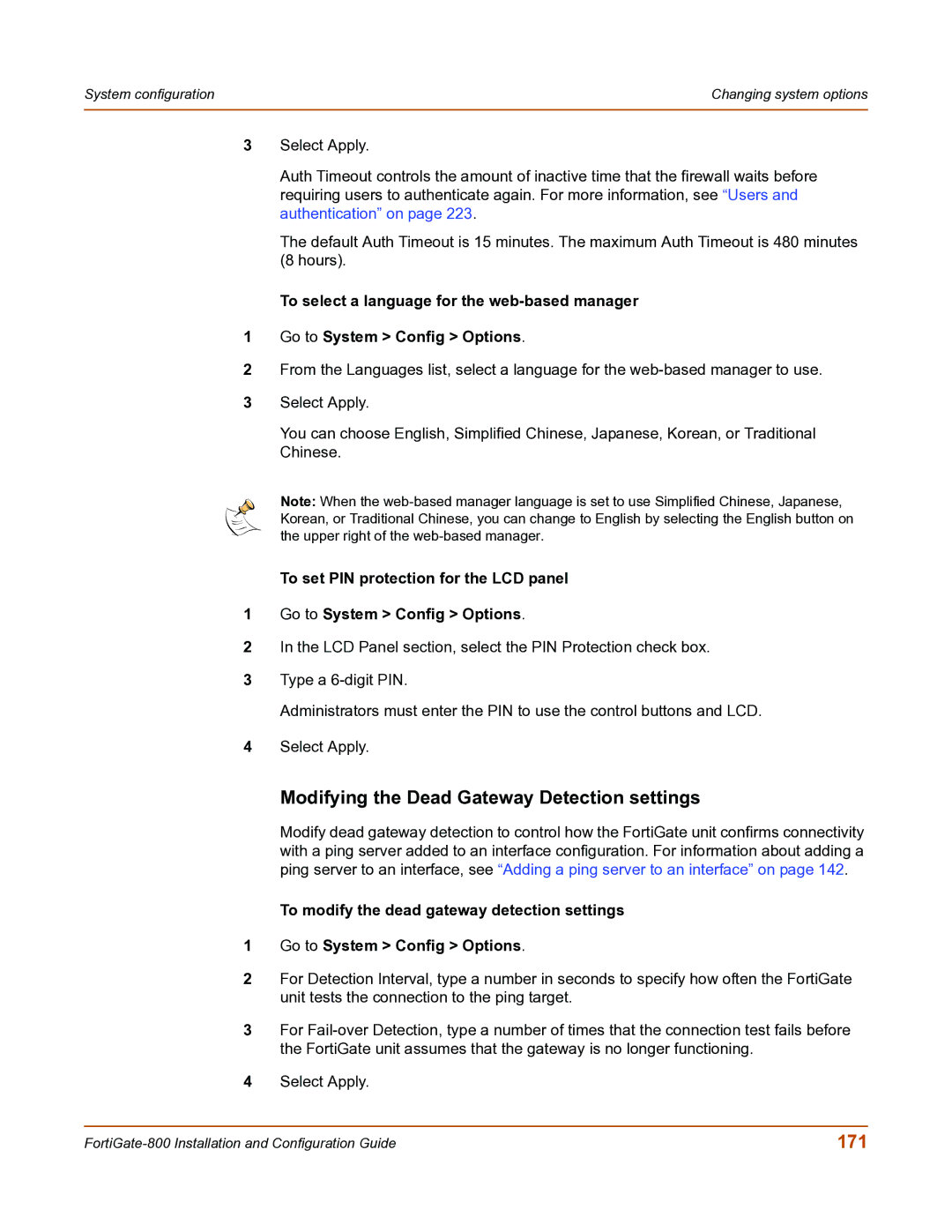 Fortinet FortiGate-800 manual Modifying the Dead Gateway Detection settings, 171 