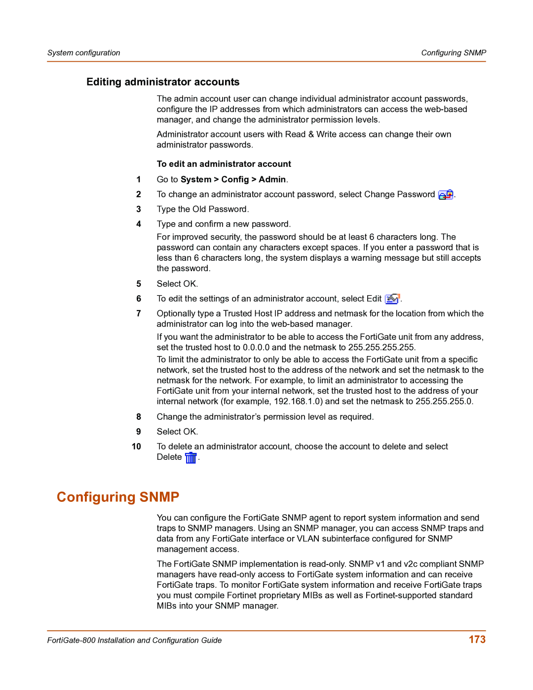 Fortinet FortiGate-800 manual Configuring Snmp, Editing administrator accounts, 173 