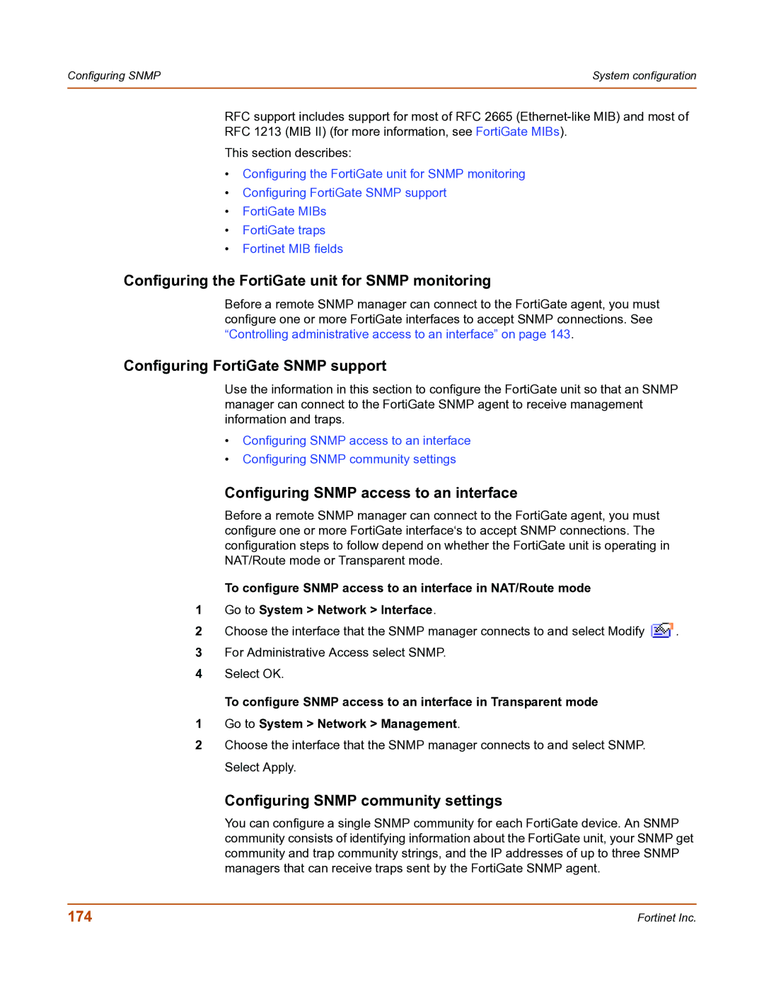 Fortinet FortiGate-800 manual Configuring the FortiGate unit for Snmp monitoring, Configuring FortiGate Snmp support, 174 