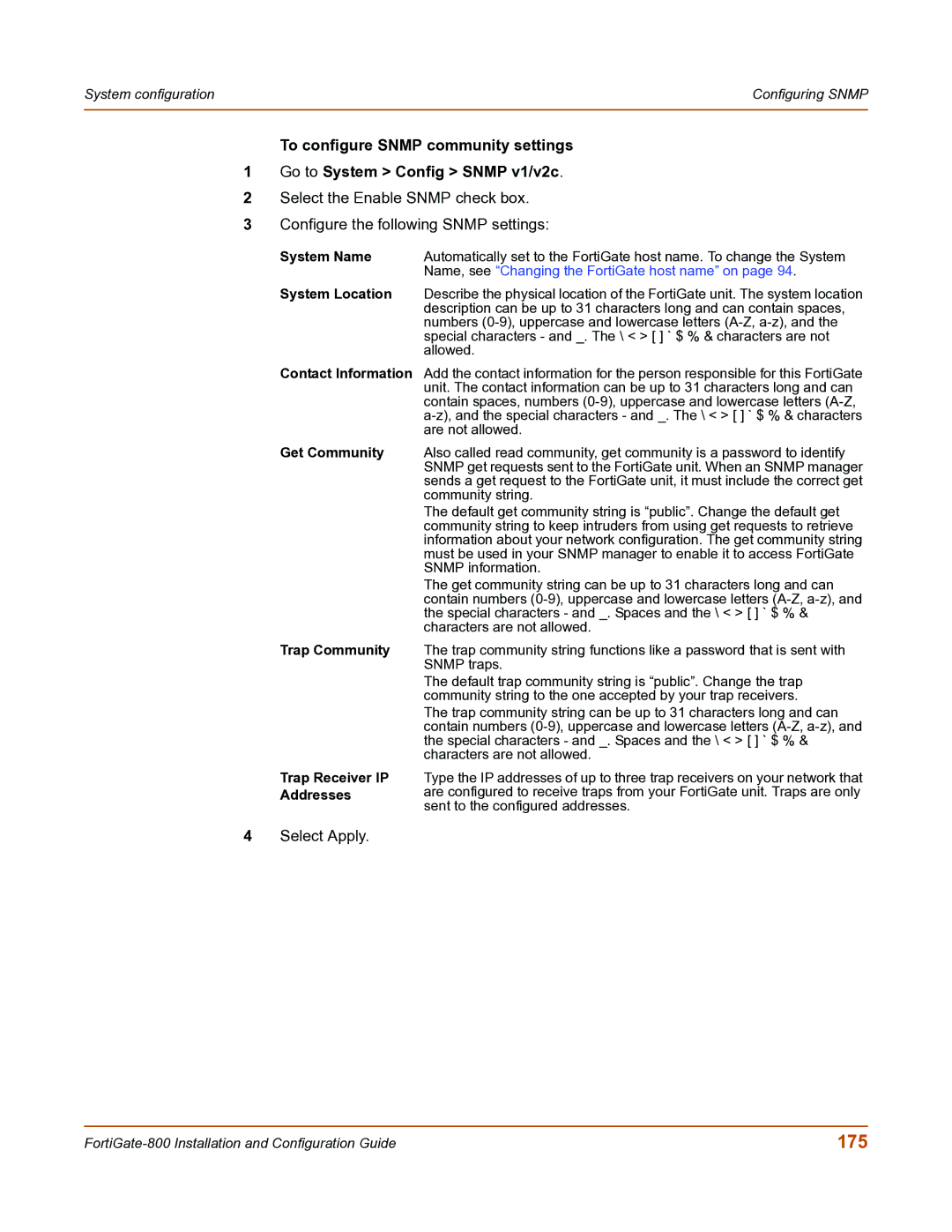 Fortinet FortiGate-800 manual 175, System Name, System Location 