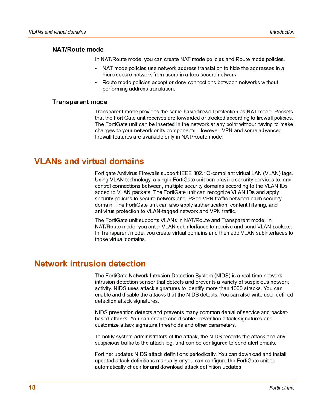 Fortinet FortiGate-800 manual VLANs and virtual domains, Network intrusion detection, NAT/Route mode, Transparent mode 