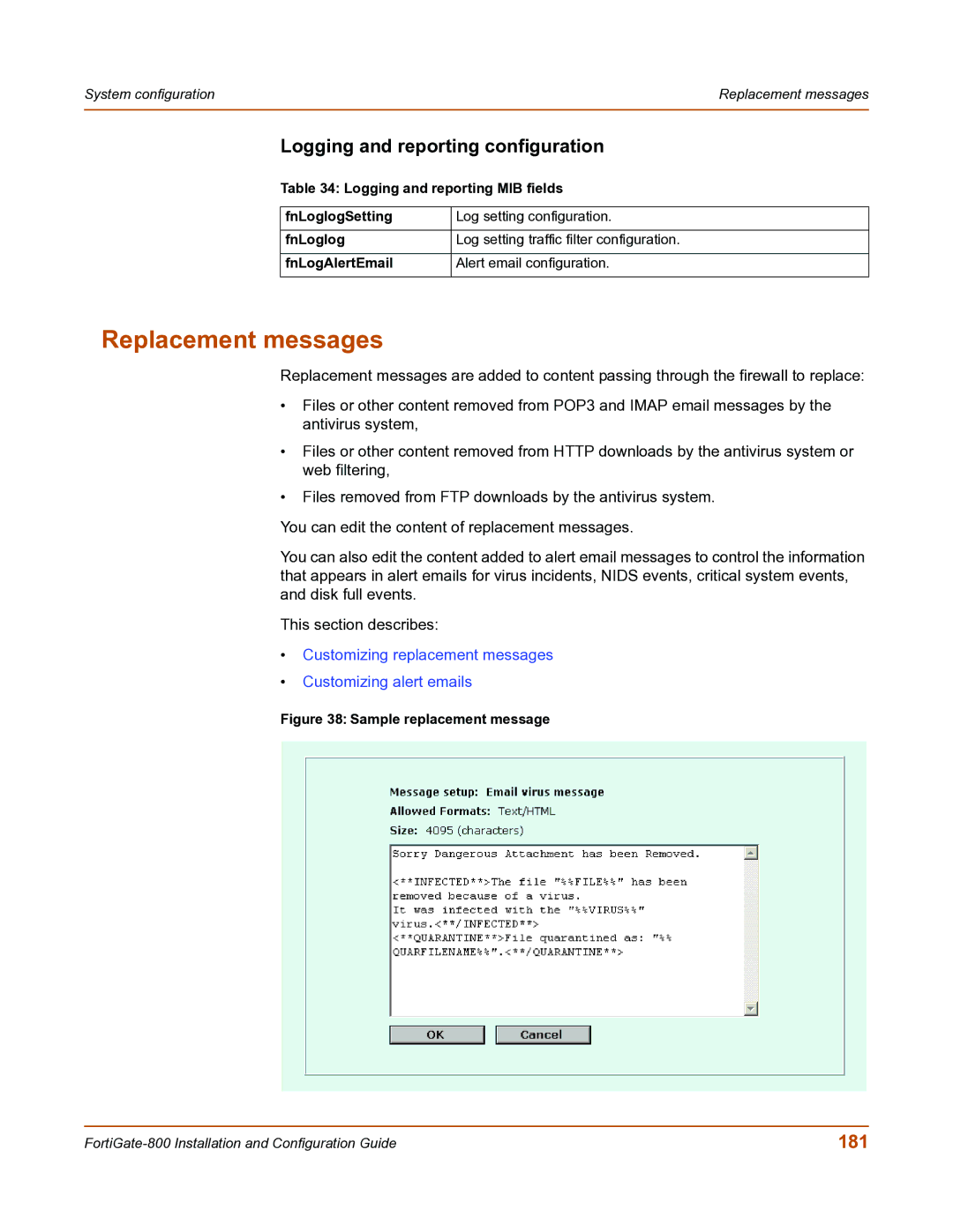 Fortinet FortiGate-800 manual Replacement messages, Logging and reporting configuration, 181 