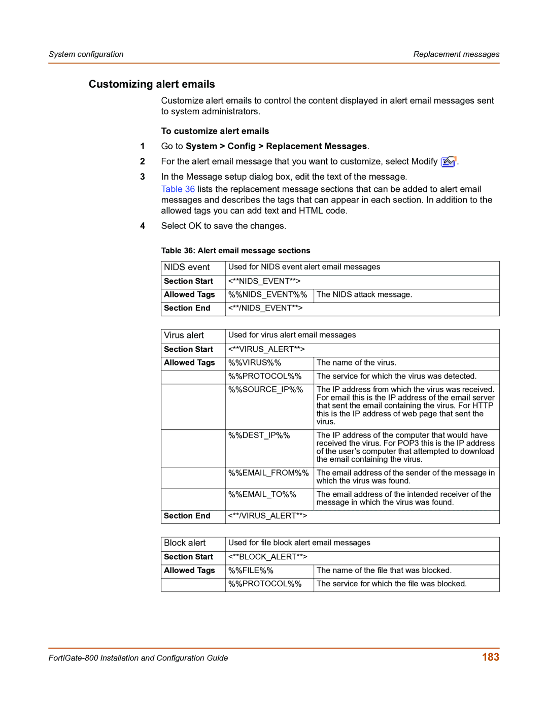 Fortinet FortiGate-800 manual Customizing alert emails, 183, Alert email message sections 