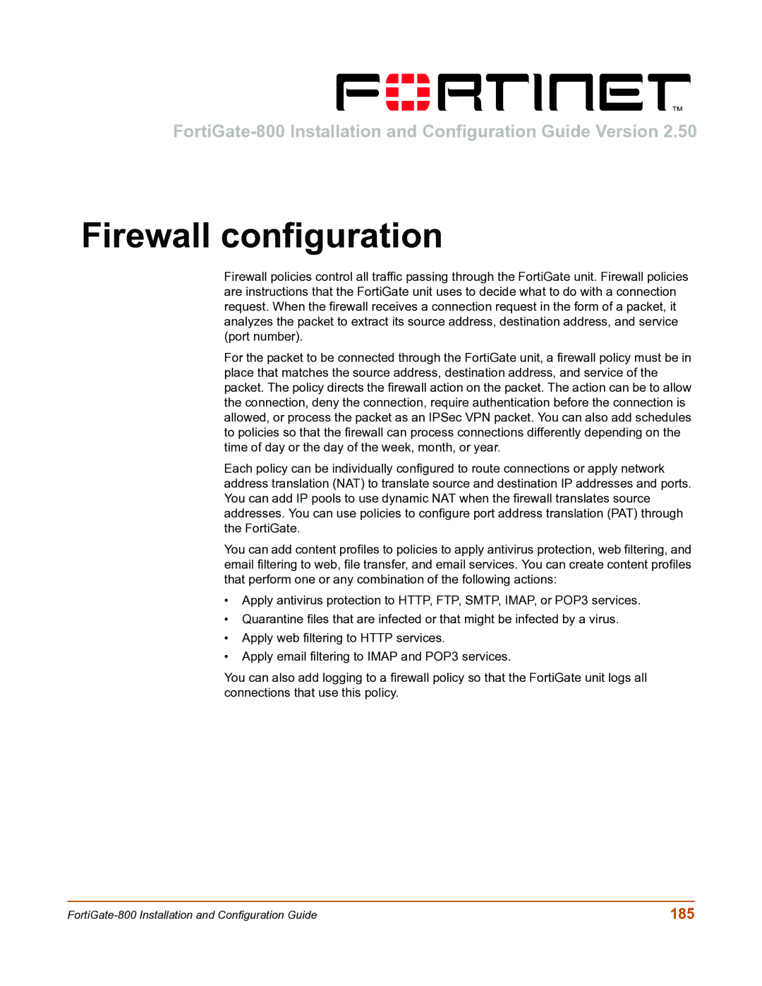 Fortinet FortiGate-800 manual Firewall configuration, 185 