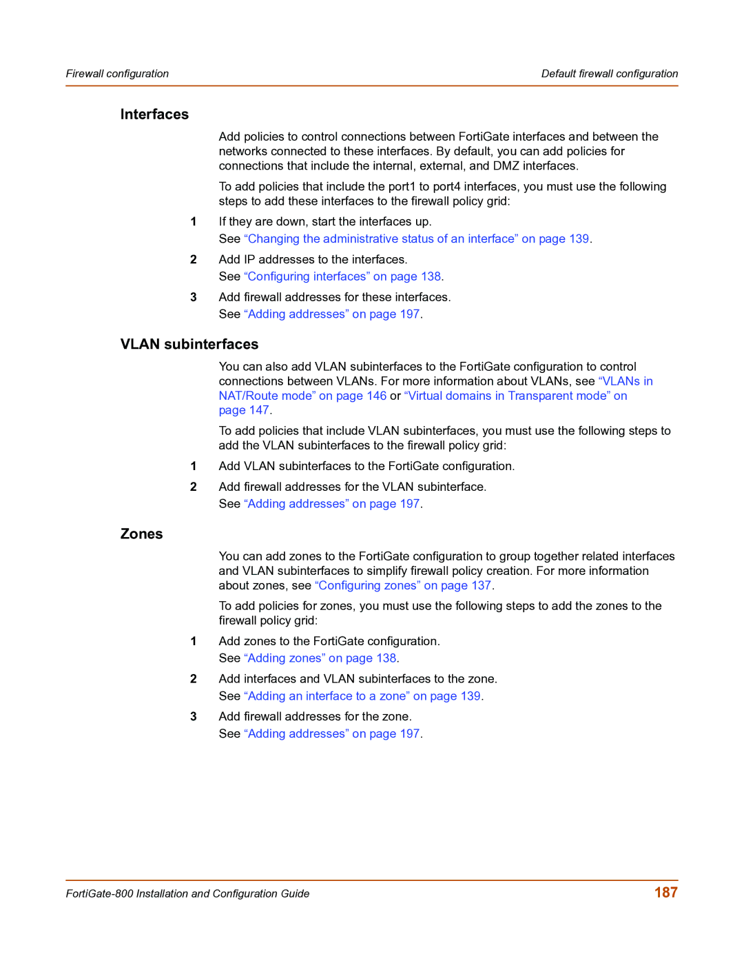 Fortinet FortiGate-800 manual Interfaces, Vlan subinterfaces, Zones, 187 