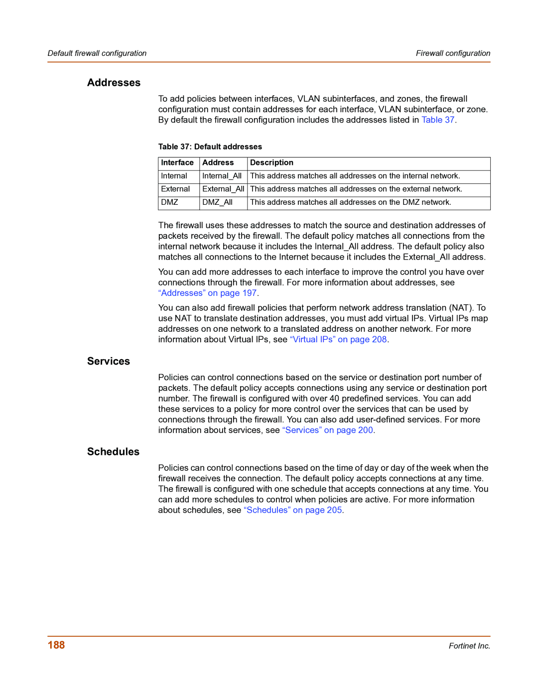 Fortinet FortiGate-800 manual Addresses, Services, Schedules, 188, Default addresses Interface Address Description 