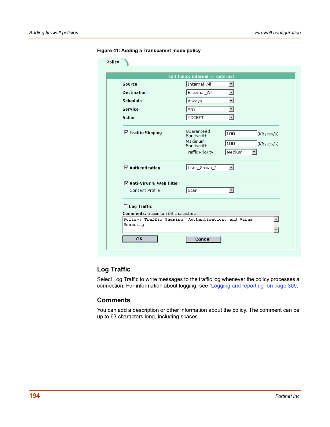 Fortinet FortiGate-800 manual Log Traffic, Comments, 194 