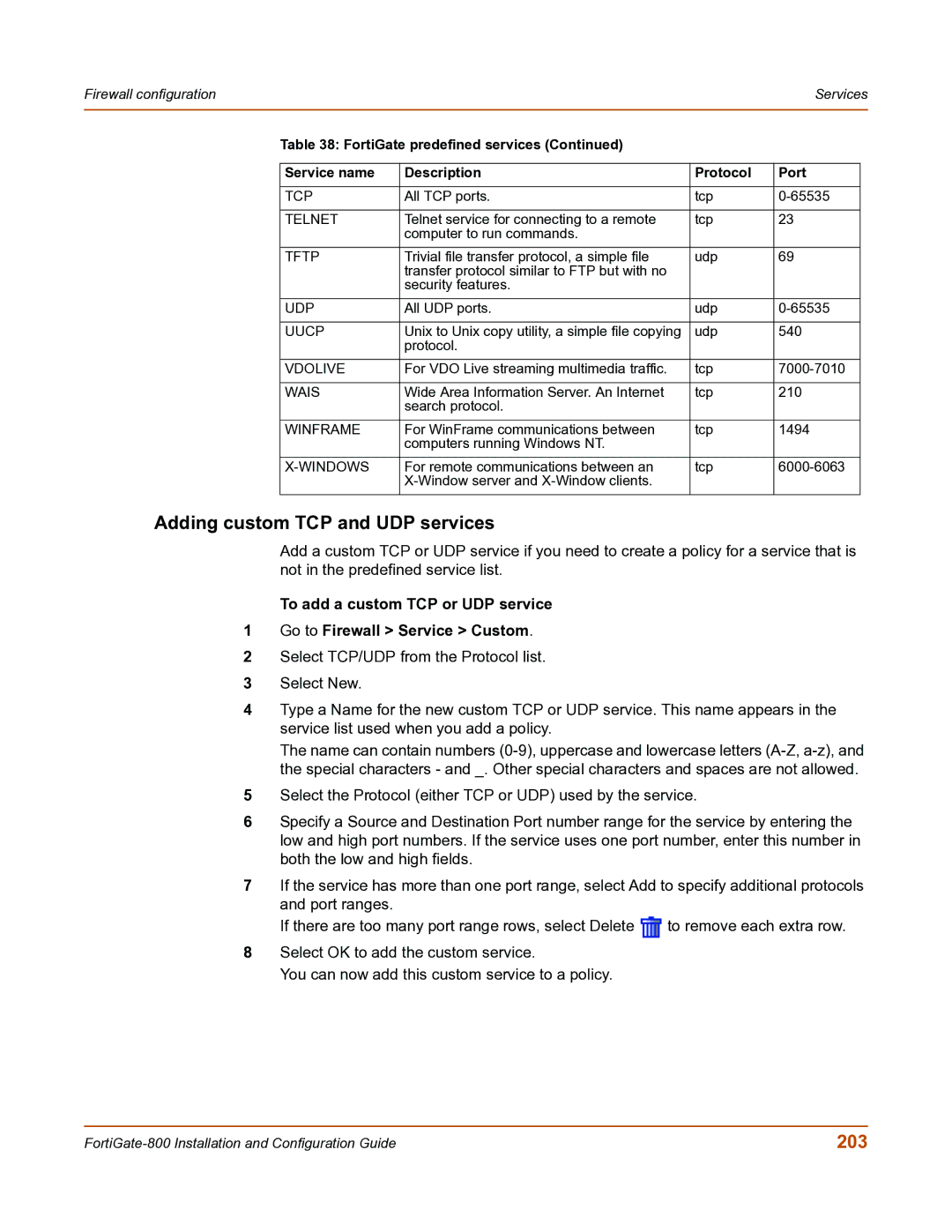 Fortinet FortiGate-800 manual Adding custom TCP and UDP services, 203 