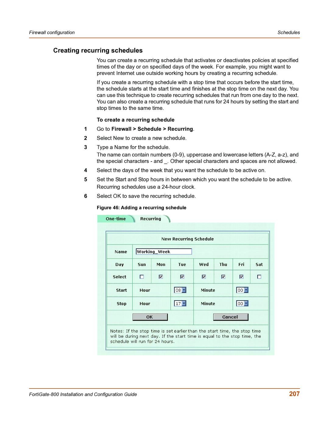 Fortinet FortiGate-800 manual Creating recurring schedules, 207 