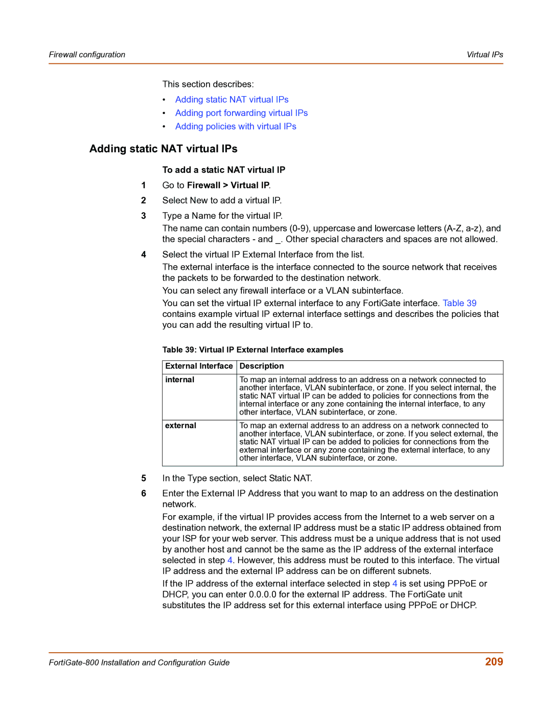 Fortinet FortiGate-800 manual Adding static NAT virtual IPs, 209, To add a static NAT virtual IP Go to Firewall Virtual IP 