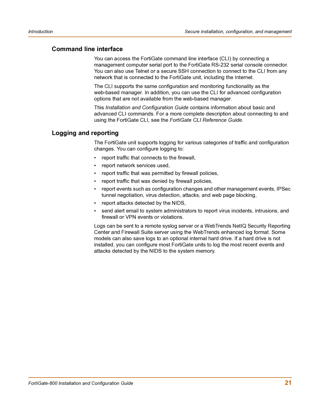 Fortinet FortiGate-800 manual Command line interface, Logging and reporting 