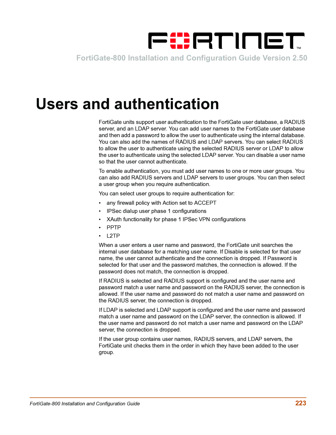 Fortinet FortiGate-800 manual Users and authentication, 223 