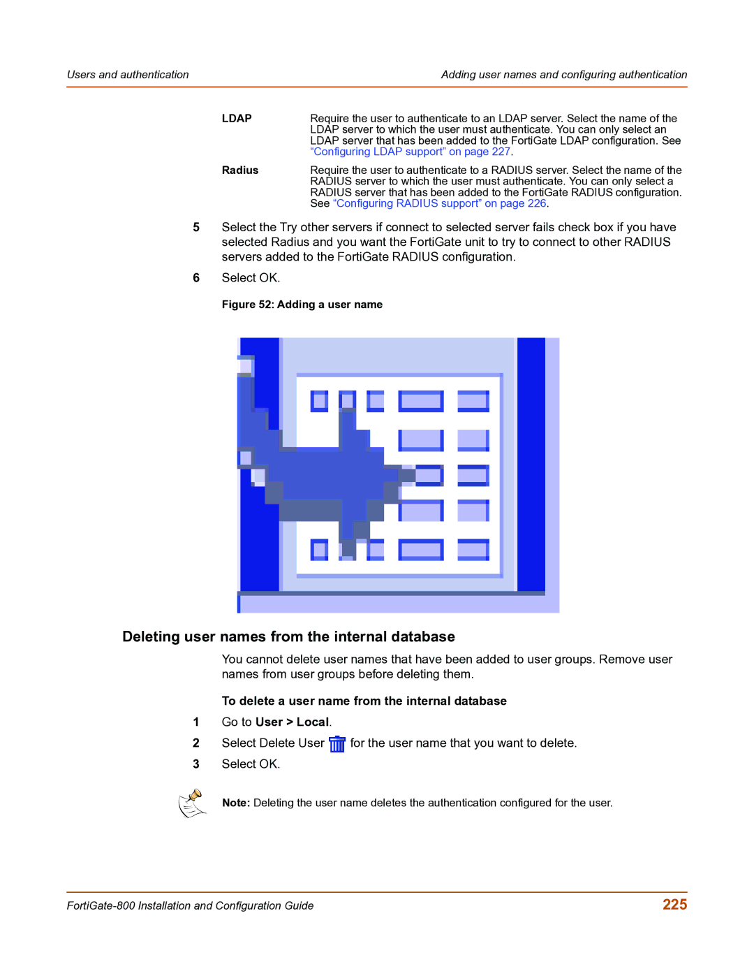 Fortinet FortiGate-800 manual Deleting user names from the internal database, 225 