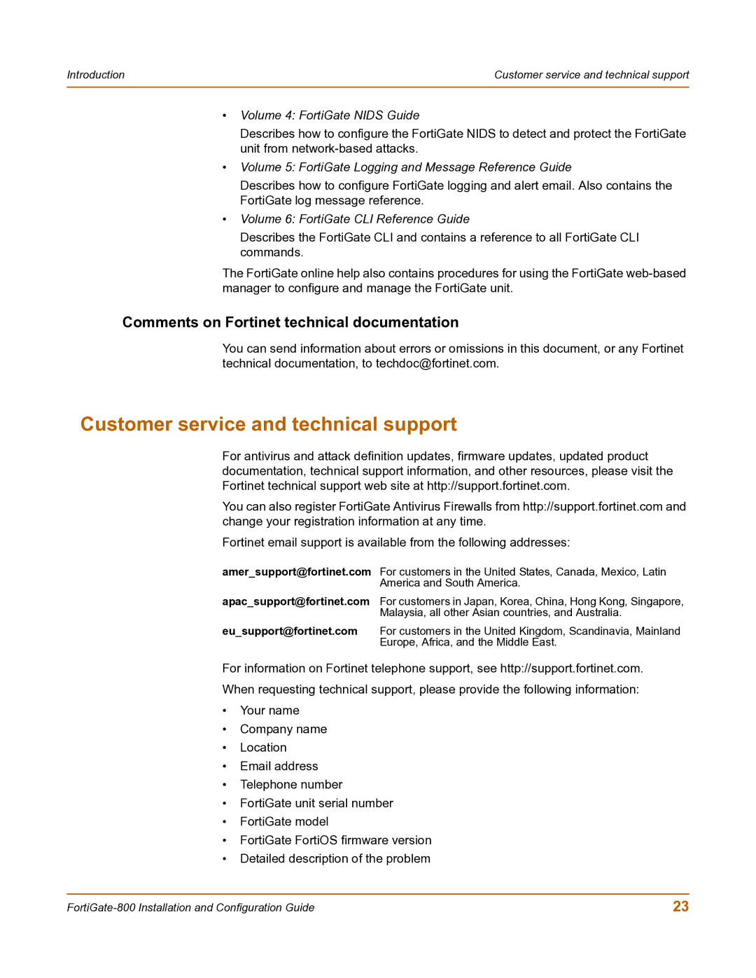 Fortinet FortiGate-800 manual Customer service and technical support, Comments on Fortinet technical documentation 