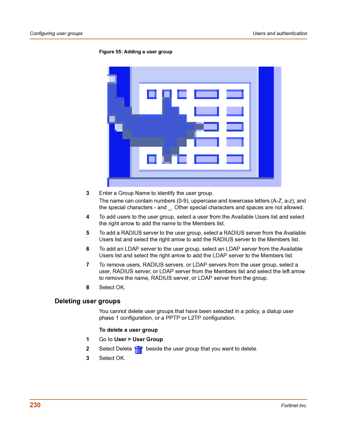 Fortinet FortiGate-800 manual Deleting user groups, 230, To delete a user group Go to User User Group 