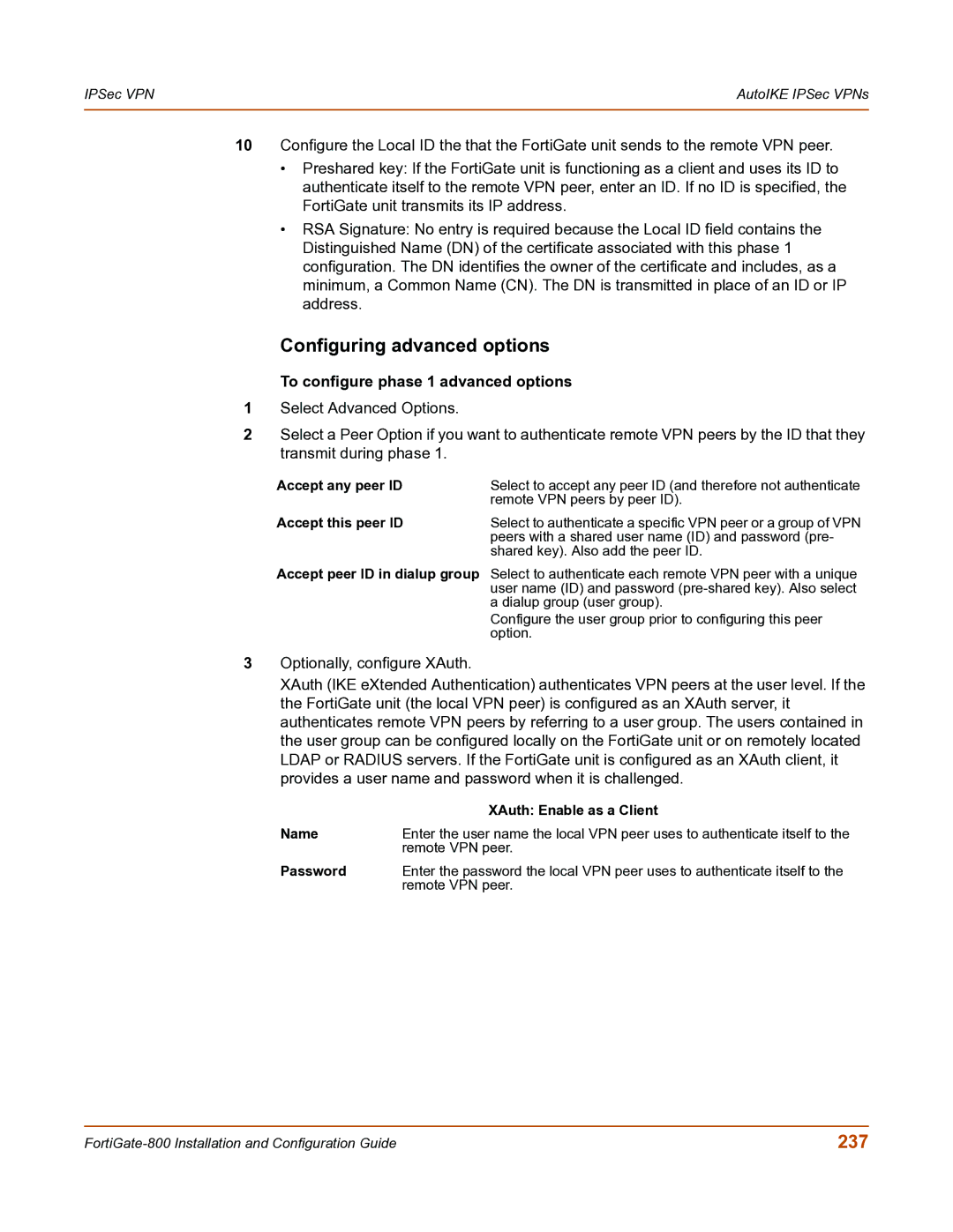 Fortinet FortiGate-800 manual Configuring advanced options, 237, To configure phase 1 advanced options 