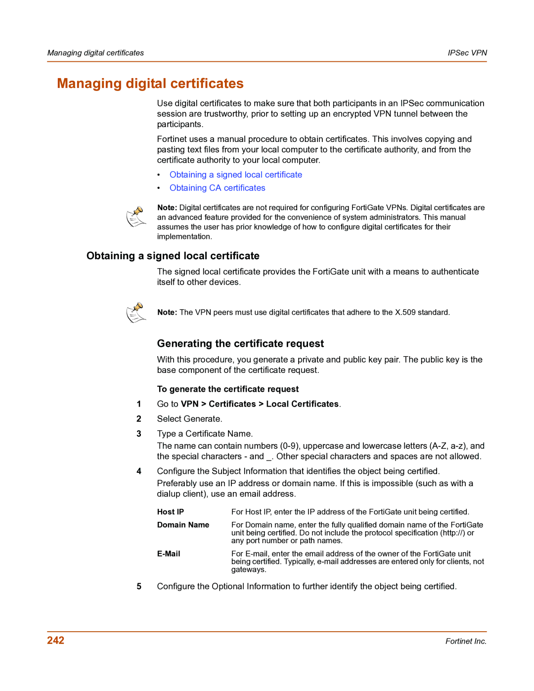 Fortinet FortiGate-800 manual Managing digital certificates, Obtaining a signed local certificate, 242 