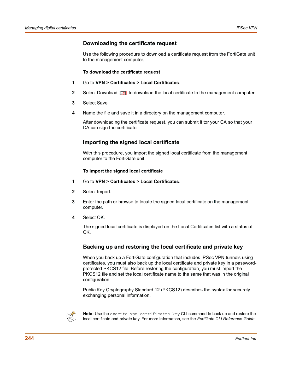 Fortinet FortiGate-800 manual Downloading the certificate request, Importing the signed local certificate, 244 