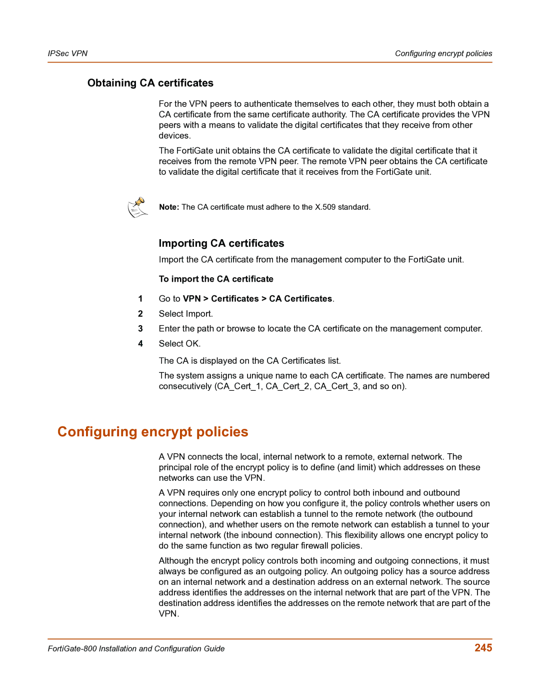 Fortinet FortiGate-800 manual Configuring encrypt policies, Obtaining CA certificates, Importing CA certificates, 245 